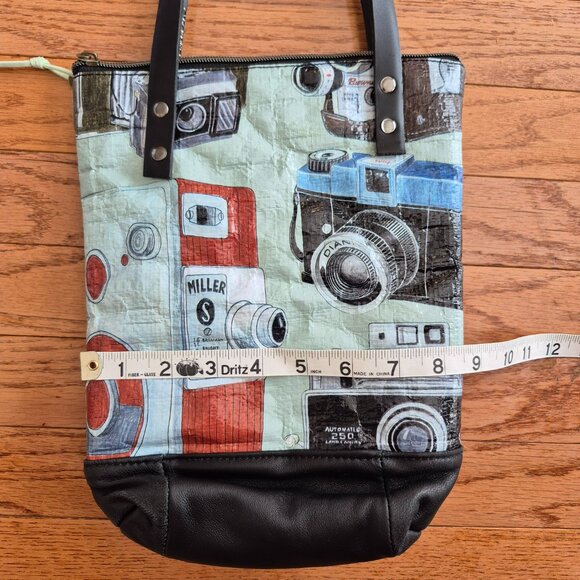 Retro Camera Print Leather Tote Bag Small OOAK One of a Kind Graphic Print - Picture 11 of 13